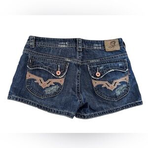 Seven7 Blue Jean Distressed Low Rise Denim Shorts with Distinctive Stitching 32